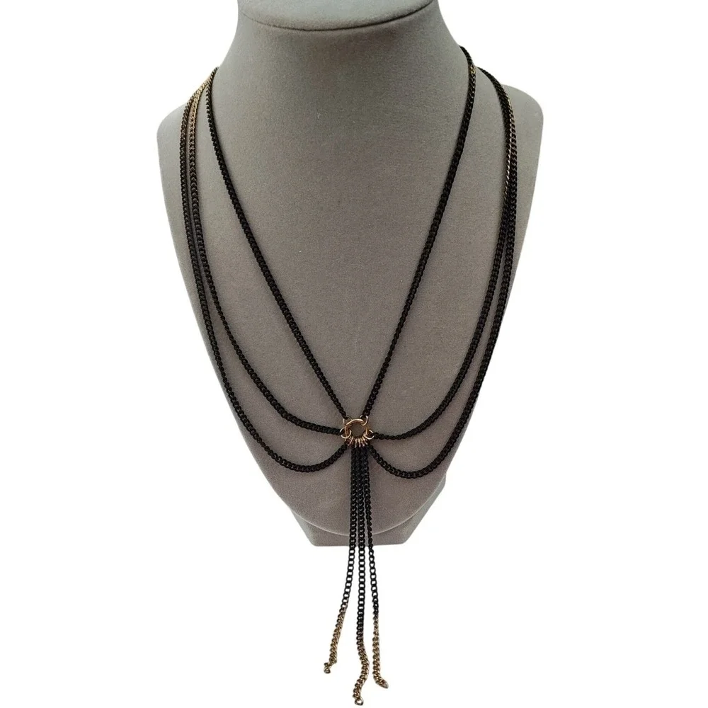 Necklace‎ Black Gold Nicole Miller Ombre Multi Strand Layered Tassel Edgy